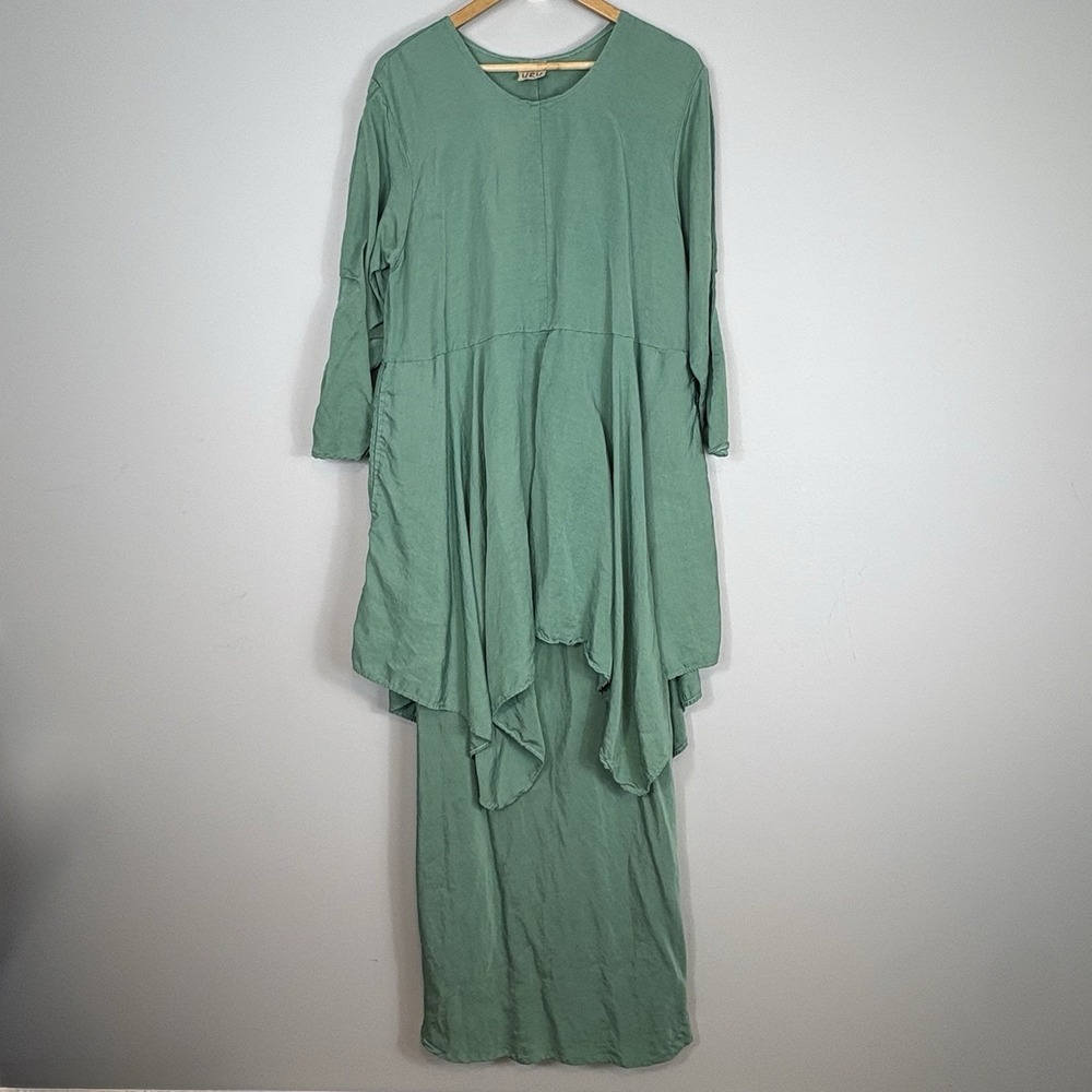 Vintage URU Top & Skirt Set Green Silk Linen One Size Lagenlook Boho USA Made